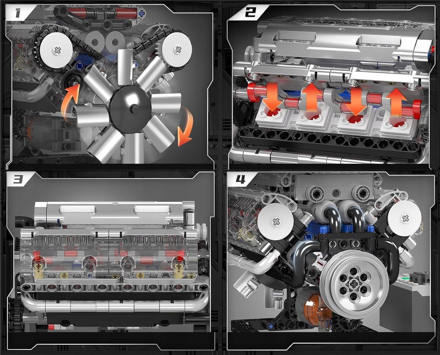 Konstruktorius MOULD KING 10088 V8 benzininis variklis 535 detalės – techninis modelis su judančiais stūmokliais