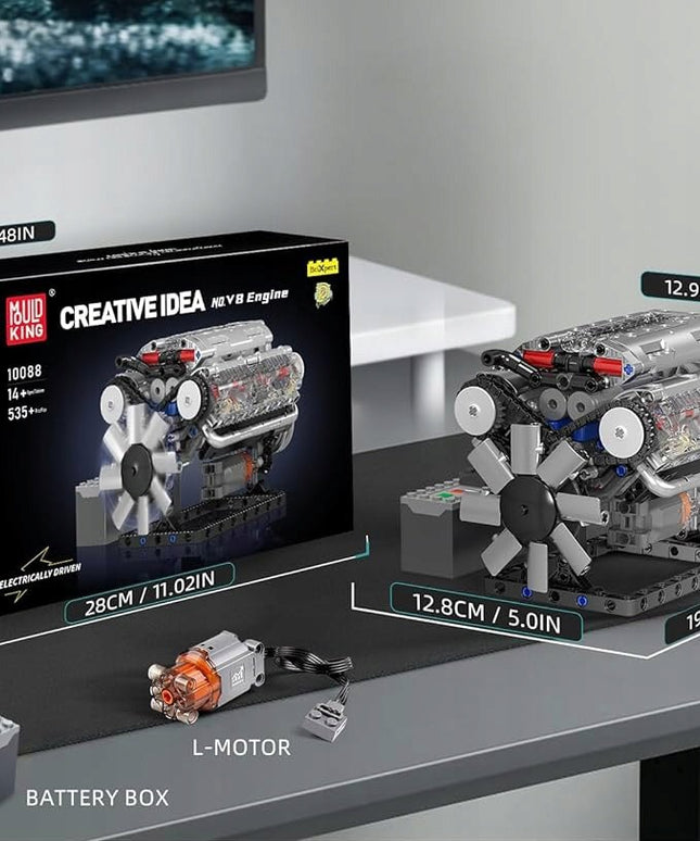 Konstruktorius MOULD KING 10088 V8 benzininis variklis 535 detalės – techninis modelis su judančiais stūmokliais