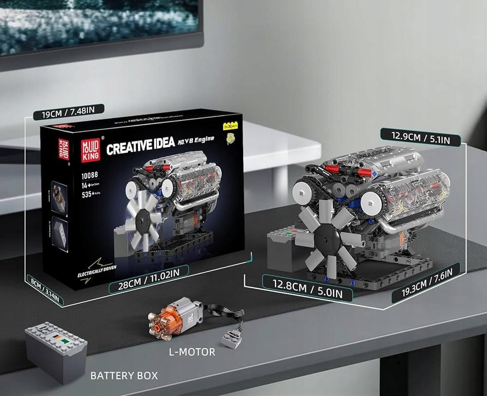 Konstruktorius MOULD KING 10088 V8 benzininis variklis 535 detalės – techninis modelis su judančiais stūmokliais