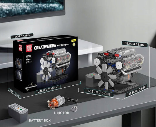 Konstruktorius MOULD KING 10088 V8 benzininis variklis 535 detalės – techninis modelis su judančiais stūmokliais