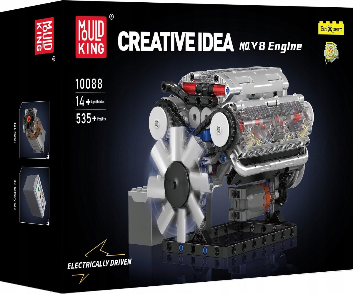 Konstruktorius MOULD KING 10088 V8 benzininis variklis 535 detalės – techninis modelis su judančiais stūmokliais