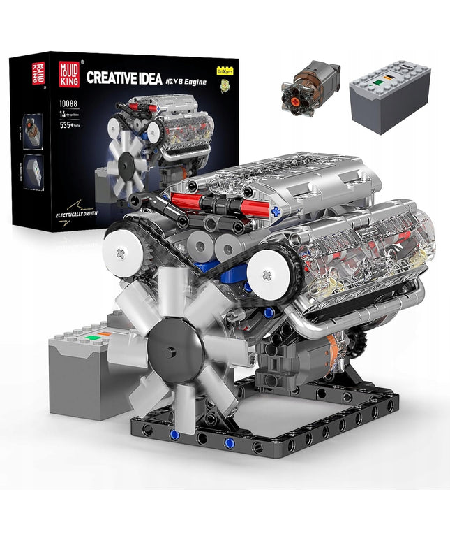 Konstruktorius MOULD KING 10088 V8 benzininis variklis 535 detalės – techninis modelis su judančiais stūmokliais