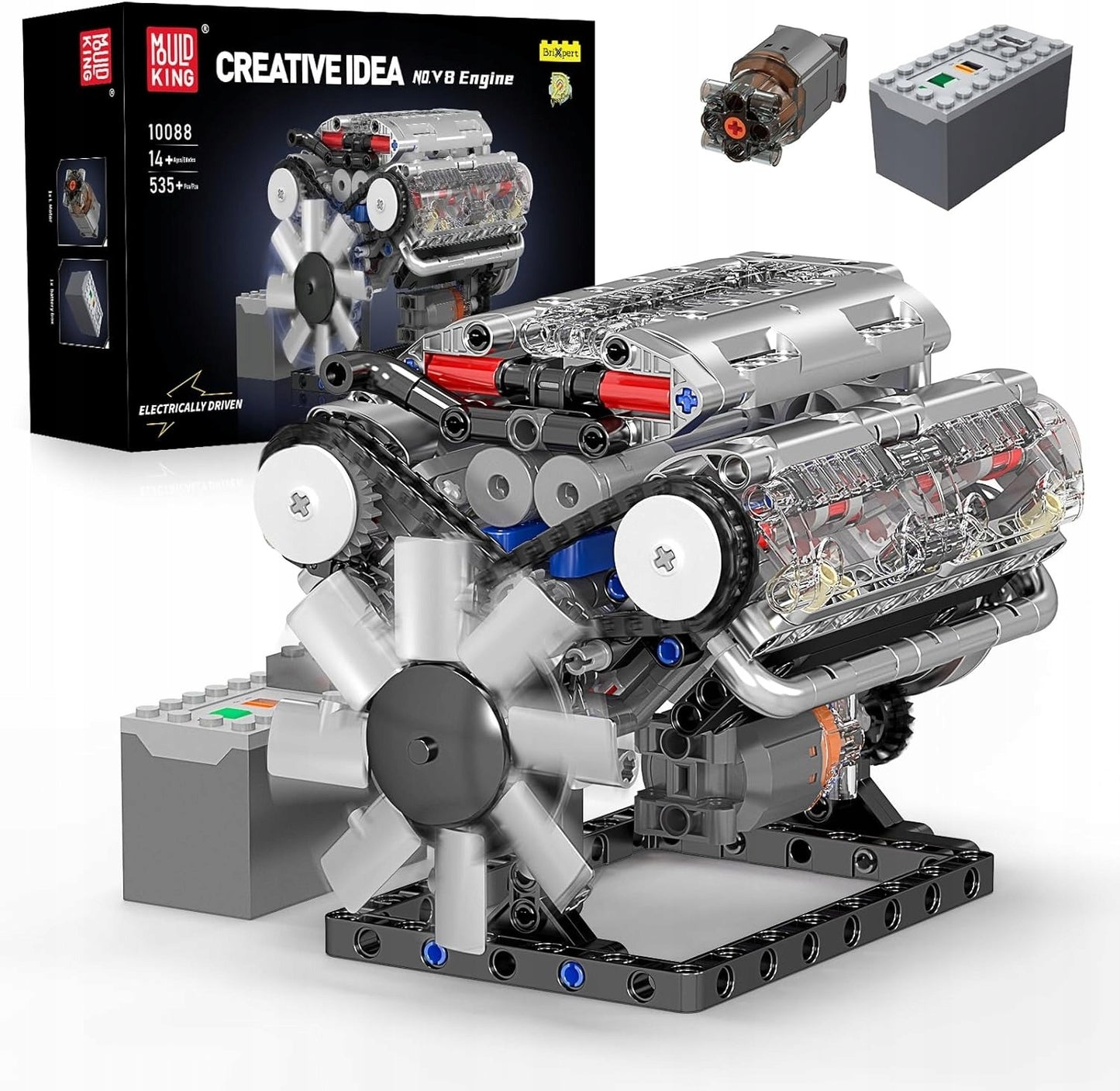 Konstruktorius MOULD KING 10088 V8 benzininis variklis 535 detalės – techninis modelis su judančiais stūmokliais