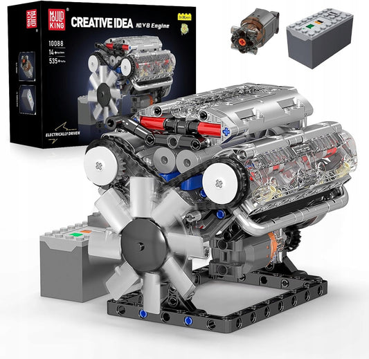 Konstruktorius MOULD KING 10088 V8 benzininis variklis 535 detalės – techninis modelis su judančiais stūmokliais
