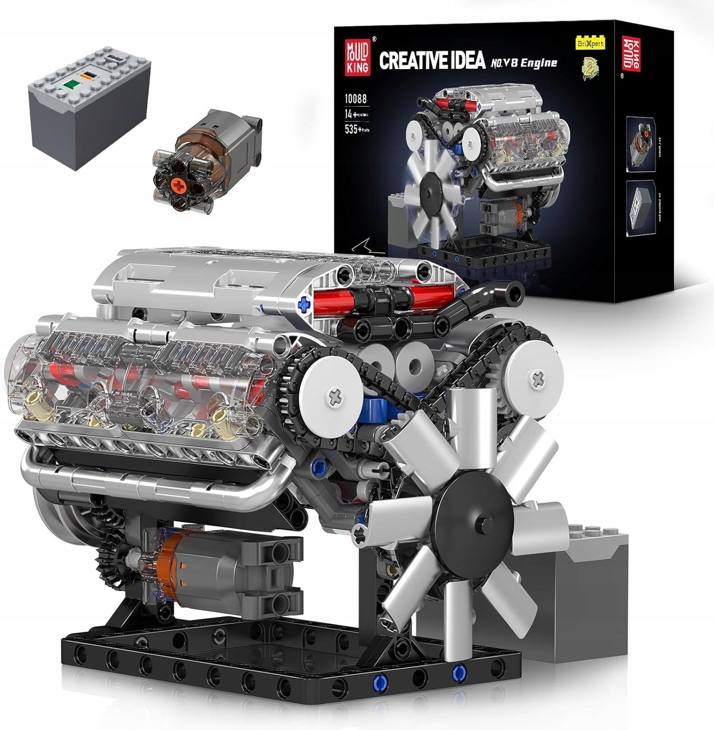 Konstruktorius MOULD KING 10088 V8 benzininis variklis 535 detalės – techninis modelis su judančiais stūmokliais