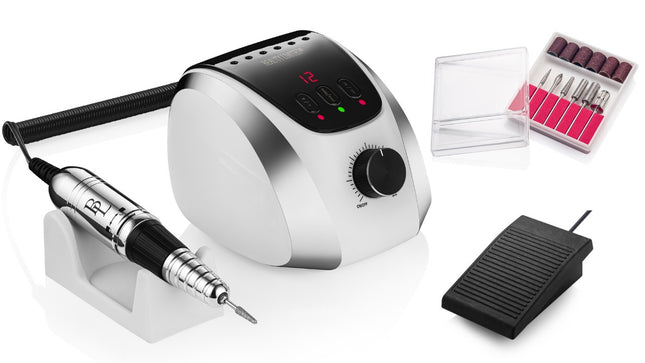 Profesionali nagų freza manikiūrui ir pedikiūrui 65W Beauty Limited Drilly White – su LCD ekranu, Twist-Off, 35000 aps./min.