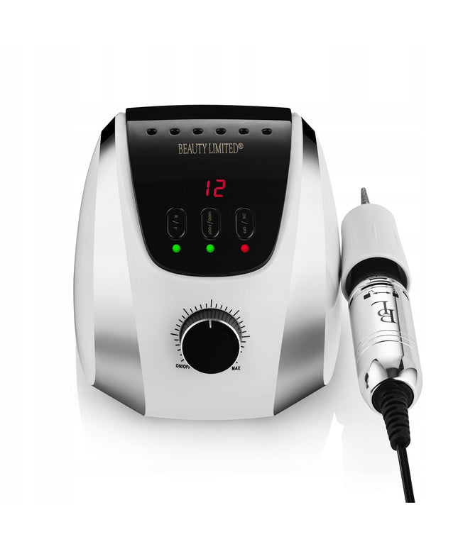 Profesionali nagų freza manikiūrui ir pedikiūrui 65W Beauty Limited Drilly White – su LCD ekranu, Twist-Off, 35000 aps./min.