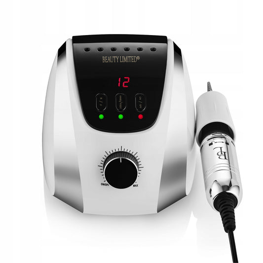 Profesionali nagų freza manikiūrui ir pedikiūrui 65W Beauty Limited Drilly White – su LCD ekranu, Twist-Off, 35000 aps./min.