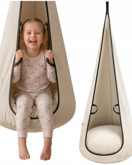 NATILU® VELVET vaikiškos kabančios kėdės-kokonai, pakabinamas fotelis, smėlio spalvos XXL