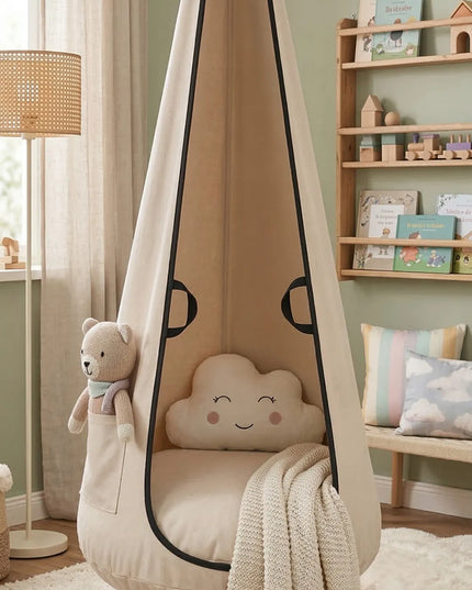 NATILU® VELVET vaikiškos kabančios kėdės-kokonai, pakabinamas fotelis, smėlio spalvos XXL