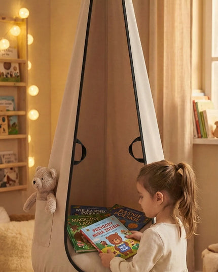NATILU® VELVET vaikiškos kabančios kėdės-kokonai, pakabinamas fotelis, smėlio spalvos XXL