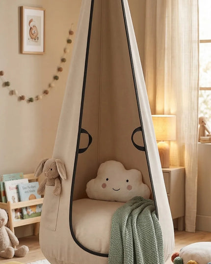 NATILU® VELVET vaikiškos kabančios kėdės-kokonai, pakabinamas fotelis, smėlio spalvos XXL