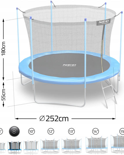 Neo-sport sodo batutas 8ft/252cm su vidiniu apsauginiu tinklu ir kopėčiomis