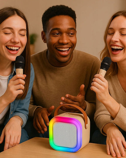 Nešiojama karaoke kolonėlė su dviem mikrofonais, Bluetooth, USB, SD ir RGB apšvietimu