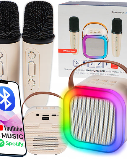 Nešiojama karaoke kolonėlė su dviem mikrofonais, Bluetooth, USB, SD ir RGB apšvietimu
