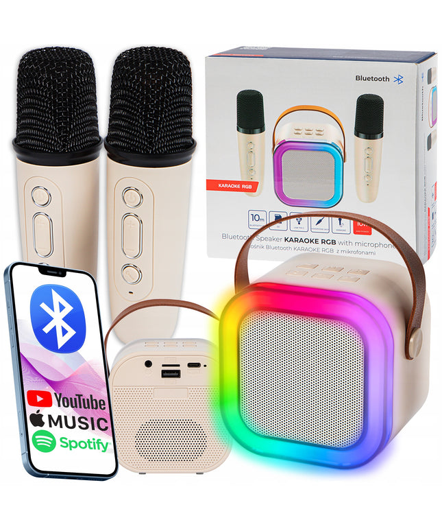Nešiojama karaoke kolonėlė su dviem mikrofonais, Bluetooth, USB, SD ir RGB apšvietimu