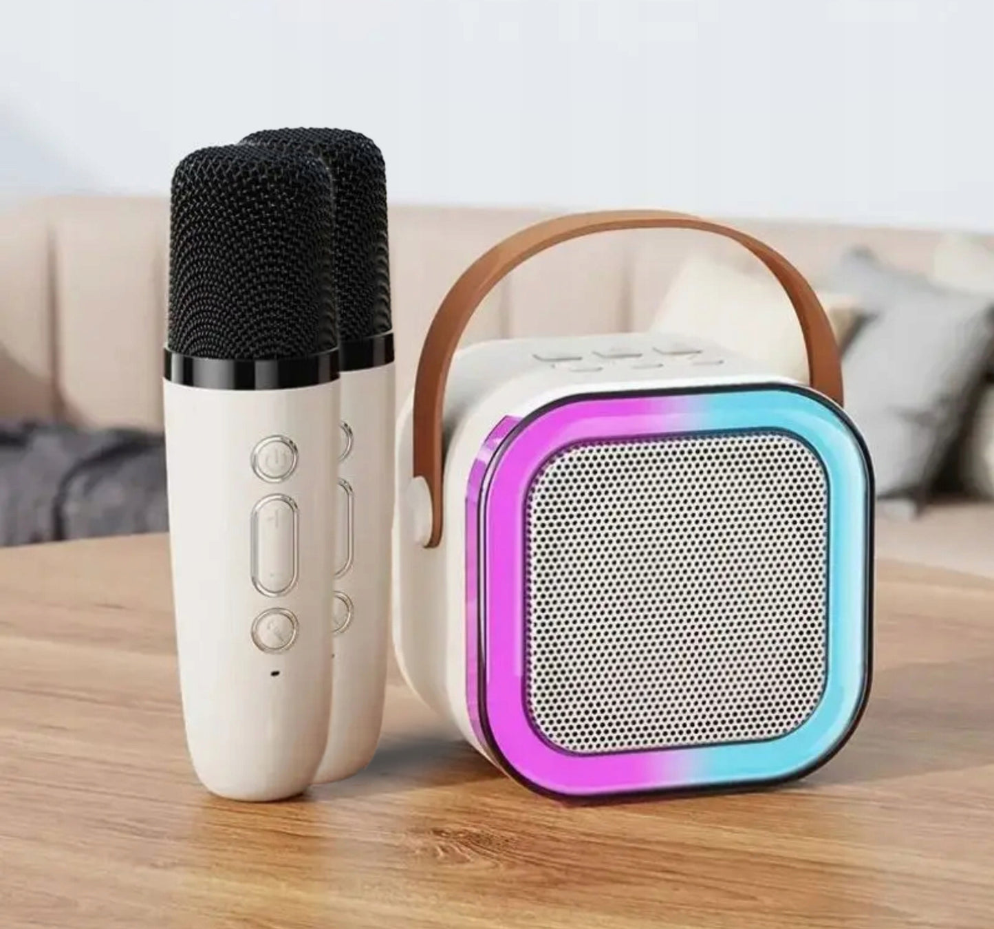 Nešiojama karaoke kolonėlė su dviem mikrofonais, Bluetooth, USB, SD ir RGB apšvietimu