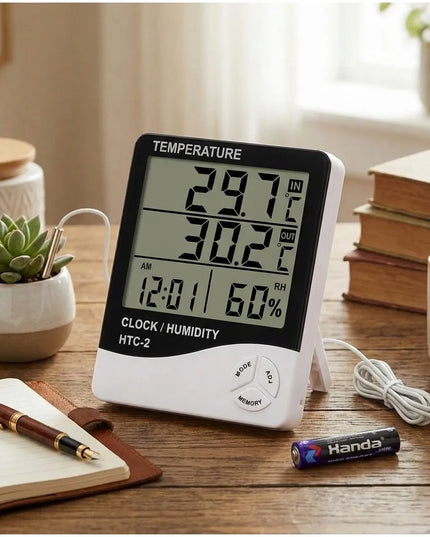 Nešiojama orų stotelė su termometru, higrometru, išoriniu jutikliu ir LCD laikrodžiu HTC-2
