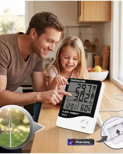 Nešiojama orų stotelė su termometru, higrometru, išoriniu jutikliu ir LCD laikrodžiu HTC-2