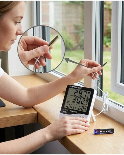 Nešiojama orų stotelė su termometru, higrometru, išoriniu jutikliu ir LCD laikrodžiu HTC-2
