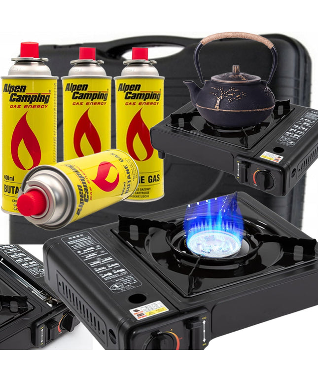 Nešiojama turistinė dujinė viryklė su 4 dujų balionėliais