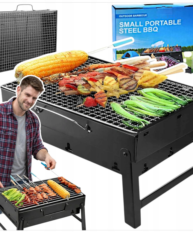Nešiojamas BBQ anglies grilis, sulankstomas į lagaminą, skirtas kempingui ir iškyloms