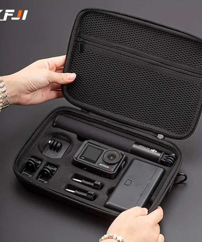 Nešiojamas dėklas DJI Action 3 / 4 / 5 kamerai – kelioninis kietas krepšys su priedų vietomis, apsauga ir dirželiu
