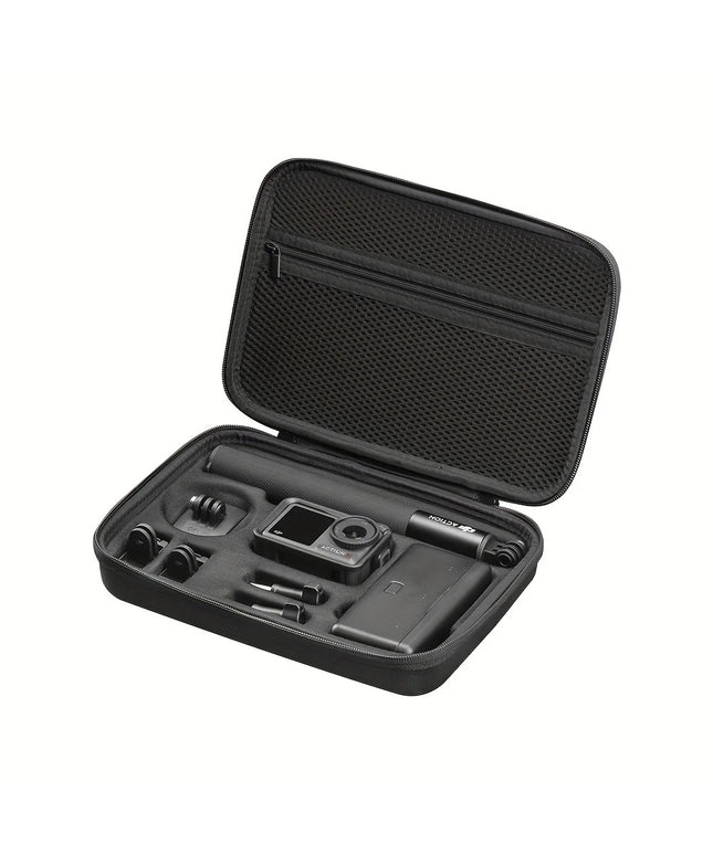 Nešiojamas dėklas DJI Action 3 / 4 / 5 kamerai – kelioninis kietas krepšys su priedų vietomis, apsauga ir dirželiu