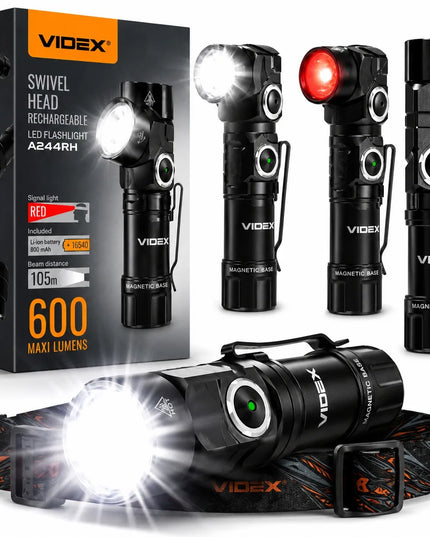 Nešiojamas LED taktinis žibintuvėlis su galvos dirželiu Videx 600lm 10W