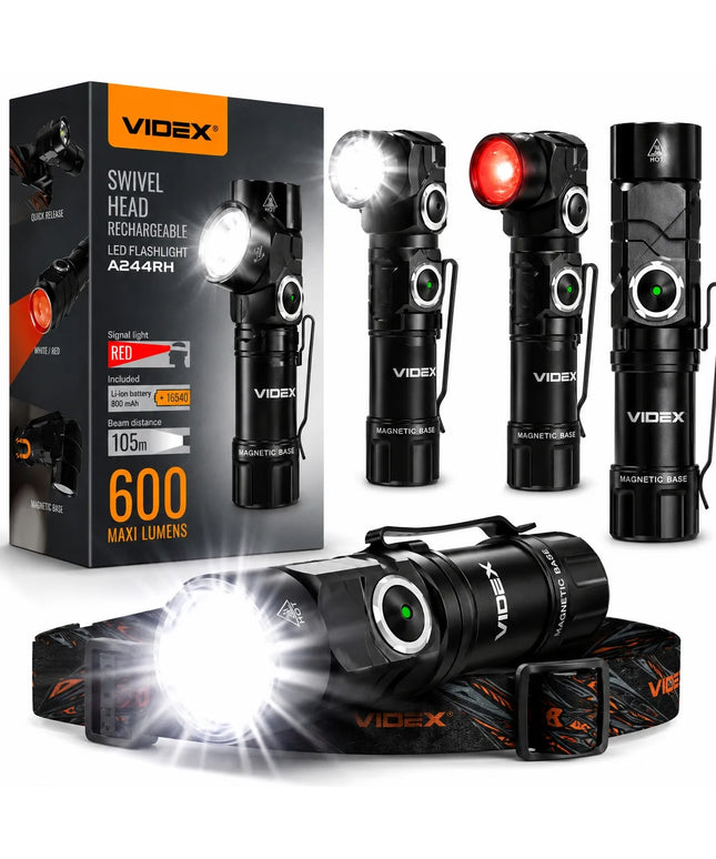 Nešiojamas LED taktinis žibintuvėlis su galvos dirželiu Videx 600lm 10W