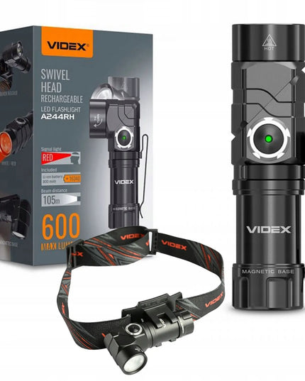 Nešiojamas LED taktinis žibintuvėlis su galvos dirželiu Videx 600lm 10W