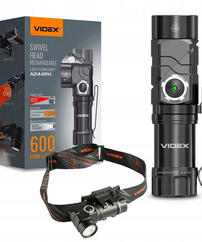 Nešiojamas LED taktinis žibintuvėlis su galvos dirželiu Videx 600lm 10W