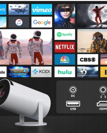 Nešiojamas projektorius su Android TV, WiFi, Full HD ir 180° besisukančiu garsiakalbiu