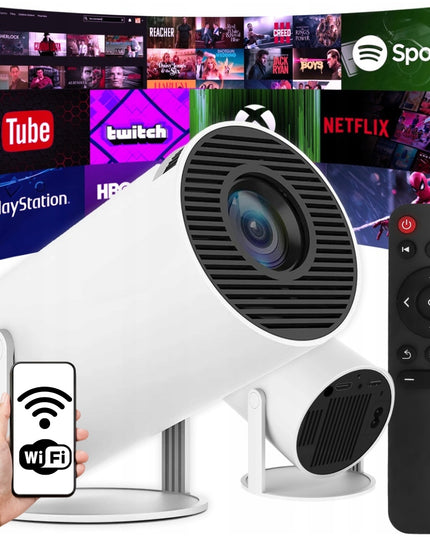 Nešiojamas projektorius su Android TV, WiFi, Full HD ir 180° besisukančiu garsiakalbiu