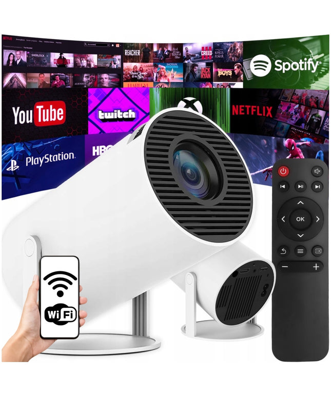 Nešiojamas projektorius su Android TV, WiFi, Full HD ir 180° besisukančiu garsiakalbiu