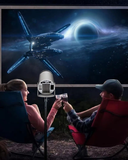 Nešiojamas projektorius su Android TV, WiFi, Full HD ir 180° besisukančiu garsiakalbiu