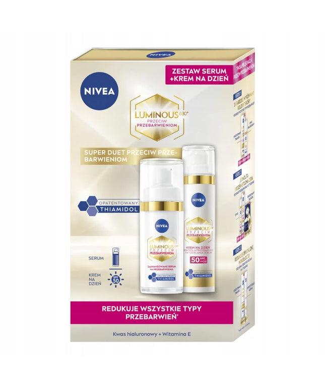 NIVEA LUMINOUS 630 rinkinys pigmentinėms dėmėms mažinti: dieninis kremas SPF50 40ml + serumas 30ml