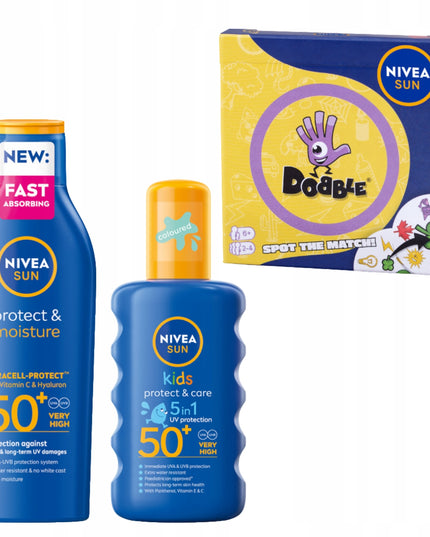 NIVEA SUN apsauginis kremas nuo saulės SPF50 200 ml + purškiklis vaikams + Dobble