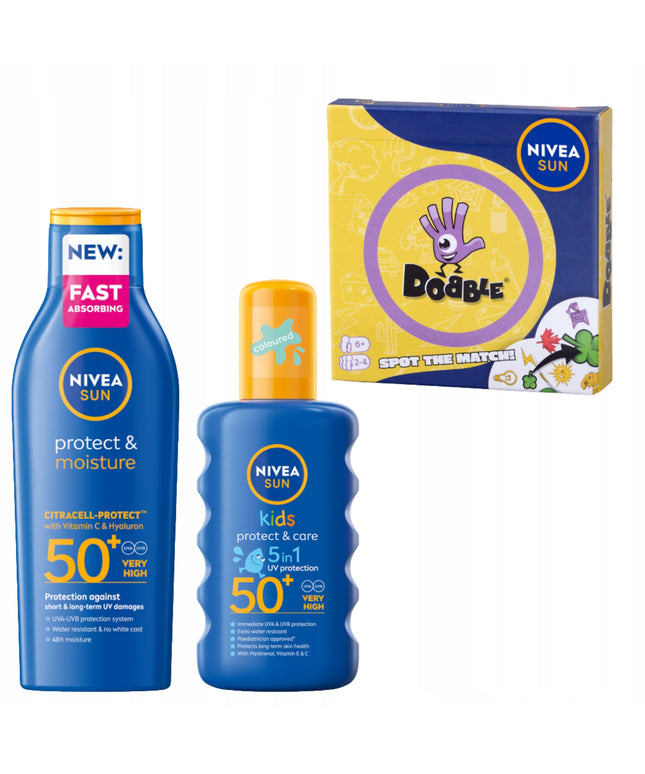 NIVEA SUN apsauginis kremas nuo saulės SPF50 200 ml + purškiklis vaikams + Dobble