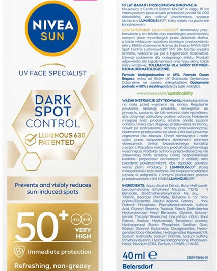 NIVEA SUN Dark Spot Control Luminous 630 veido kremas SPF50+ 40ml