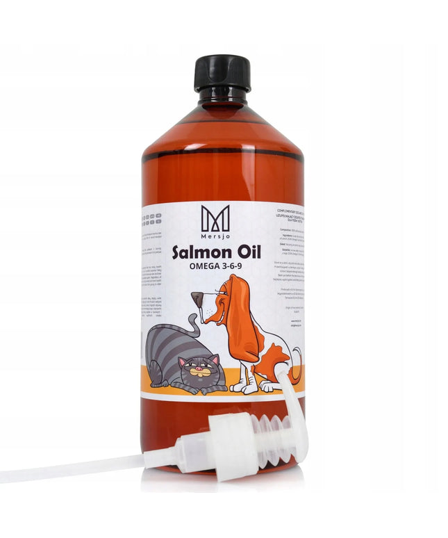 Norvegiškas lašišų aliejus šunims ir katėms Mersjo Salmon Oil Omega 3 ir 6, 1000 ml