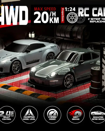 Nuotolinio Valdymo Drift Automobilis 1:24, 2.4Ghz 4WD, Su Šviesomis ir Kliūtimis