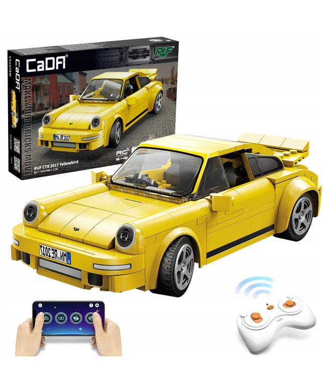 Nuotoliniu būdu valdomas lego sportinis automobilis konstruktorius Yellowbird (CaDA, 222 elementai)
