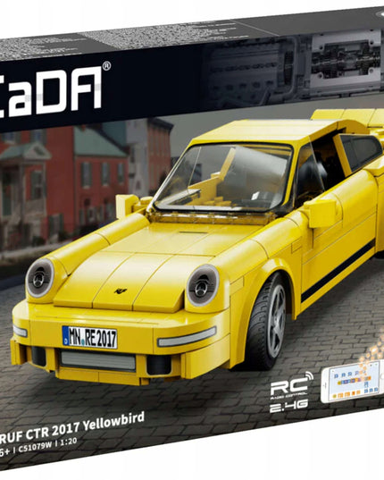 Nuotoliniu būdu valdomas lego sportinis automobilis konstruktorius Yellowbird (CaDA, 222 elementai)