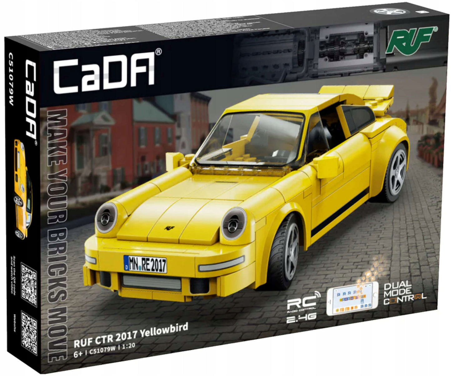 Nuotoliniu būdu valdomas lego sportinis automobilis konstruktorius Yellowbird (CaDA, 222 elementai)