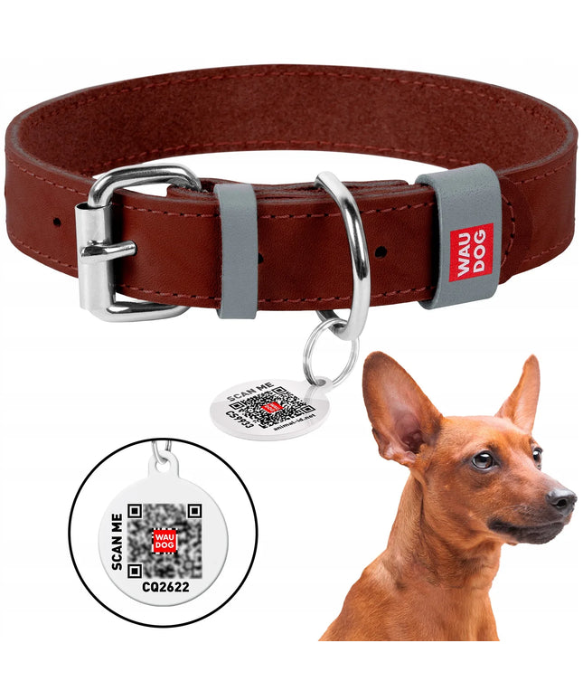 Odinė šuns antkaklis Waudog Classic + QR adresinė nemokamai, ruda, S dydis