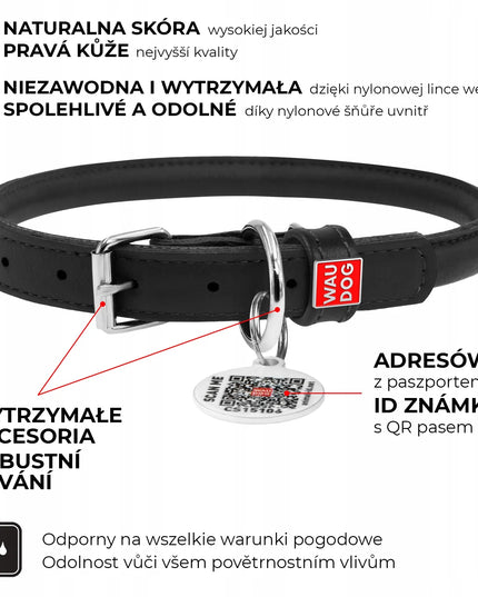 Odinė šuns antkaklis Waudog Glamour su QR pasu, apvalus, žalias, XS dydžio