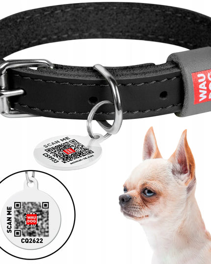 Odinė šuns antkaklis Waudog + QR žetonas, juoda, XXS dydis