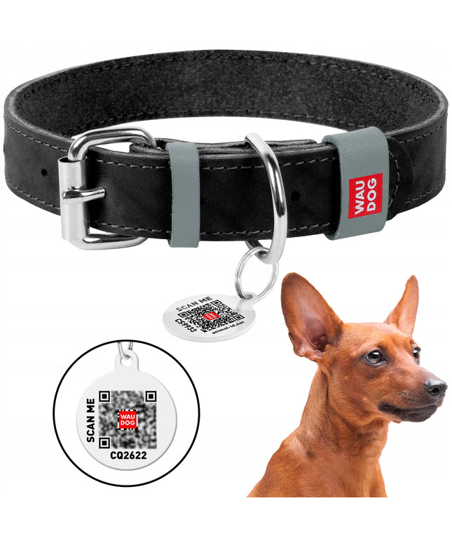 Odinė šuns apykaklė WAUDOG Classic, L dydis, su QR adresine