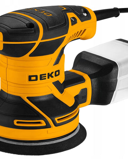 Osciliacinė ekscentrinė šlifuoklė DEKO DKOS32XL125 320W su dulkių surinkimo konteineriu ir 16 švitrinių diskų rinkiniu – elektrinė 125mm šlifuoklė medžiui ir metalui